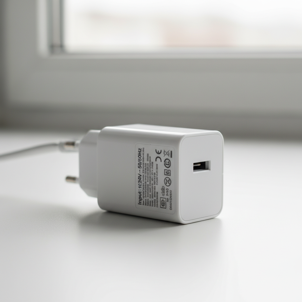 Close-up of a charger label showing 100-240V input for international travel