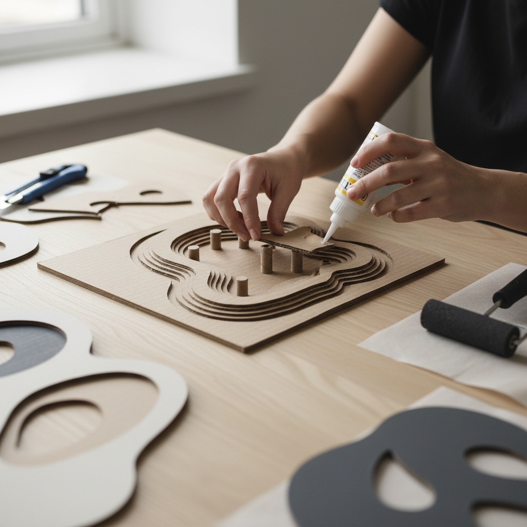 Close-up of hands making layered cardboard relief wall art and painting it