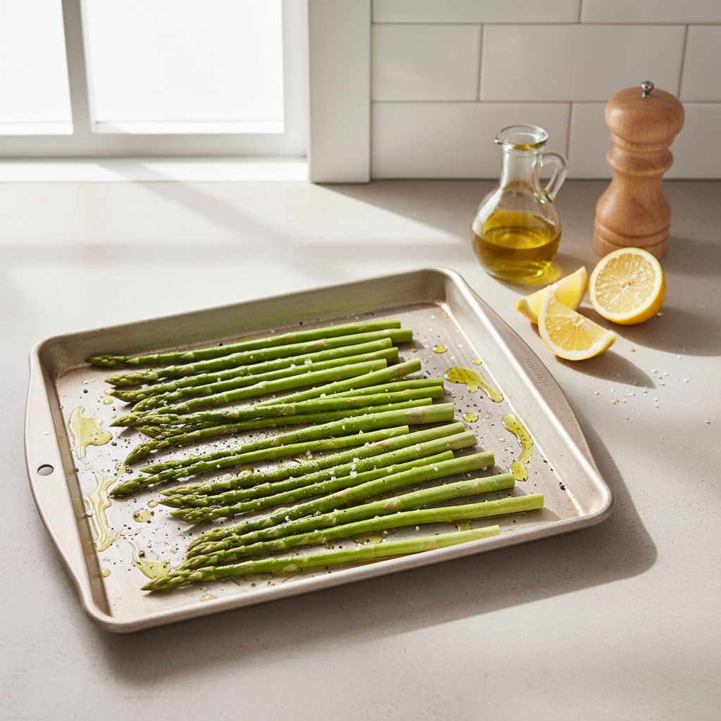 Asparagus spears on a sheet pan ready for oven roasting