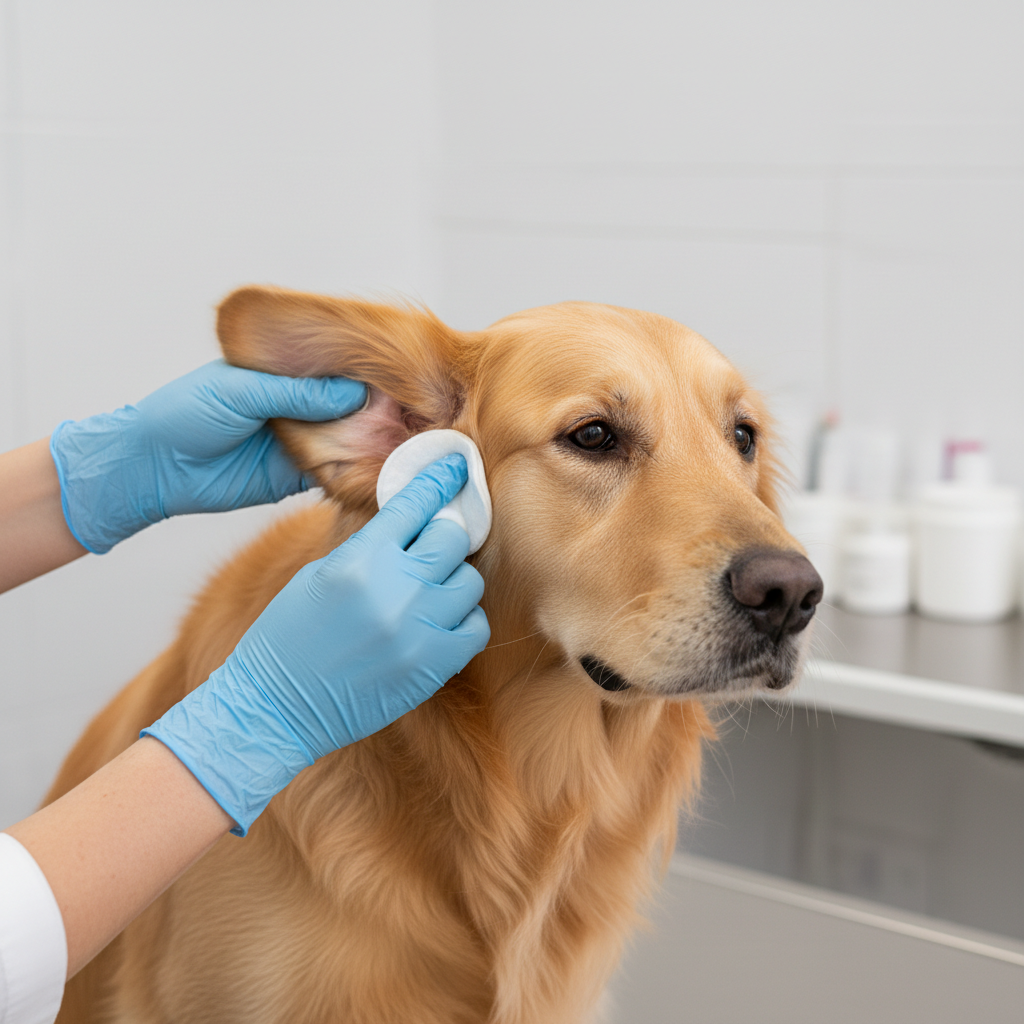 Correct technique wiping a dog ear with cotton pad, not using cotton swab