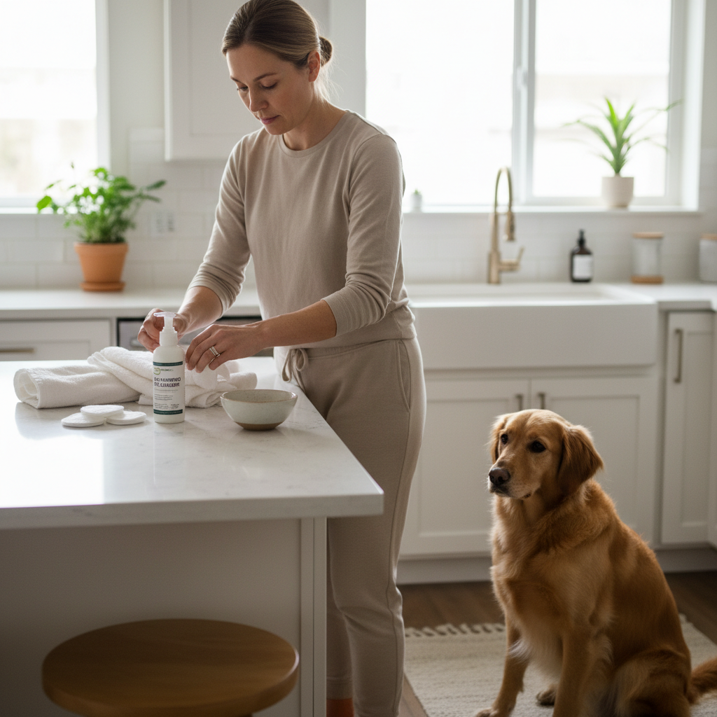 Owner preparing to clean a dog ear safely at home