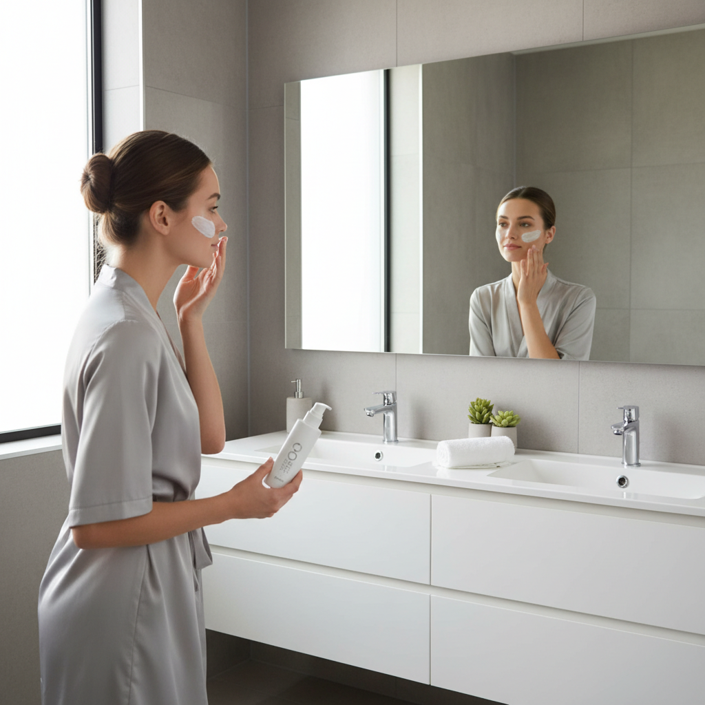 Woman applying face sunscreen in a bright bathroom mirror