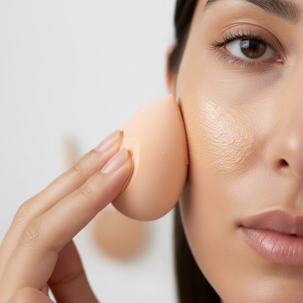 Beginner blending technique with makeup sponge close-up