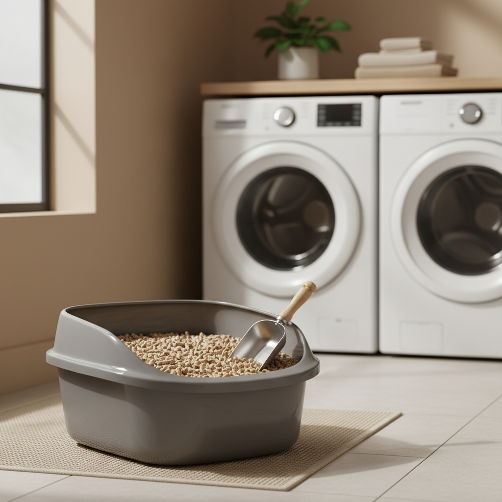 Wood pellet cat litter in a clean litter box with scoop