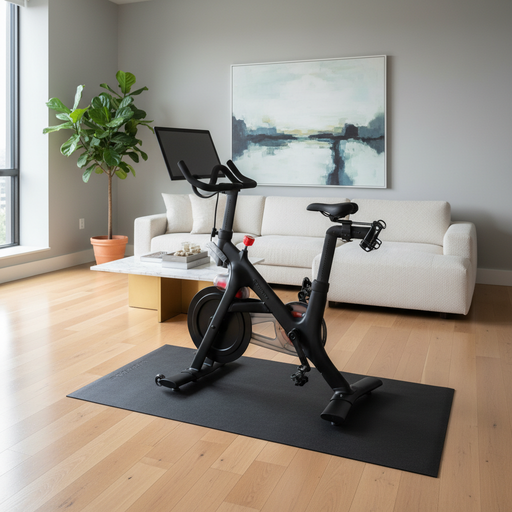 Exercise bike on protective mat in a modern living room