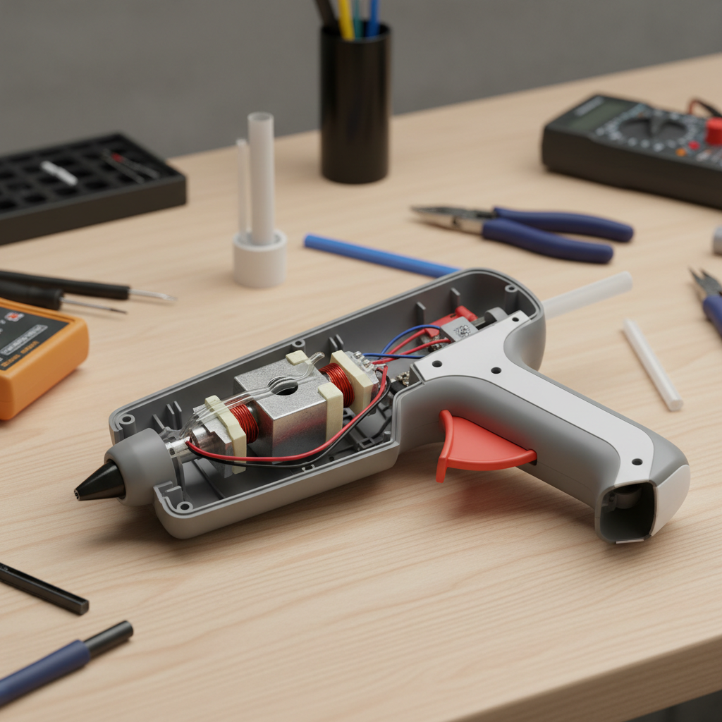 Opened hot glue gun showing internal wiring and heating element area for inspection