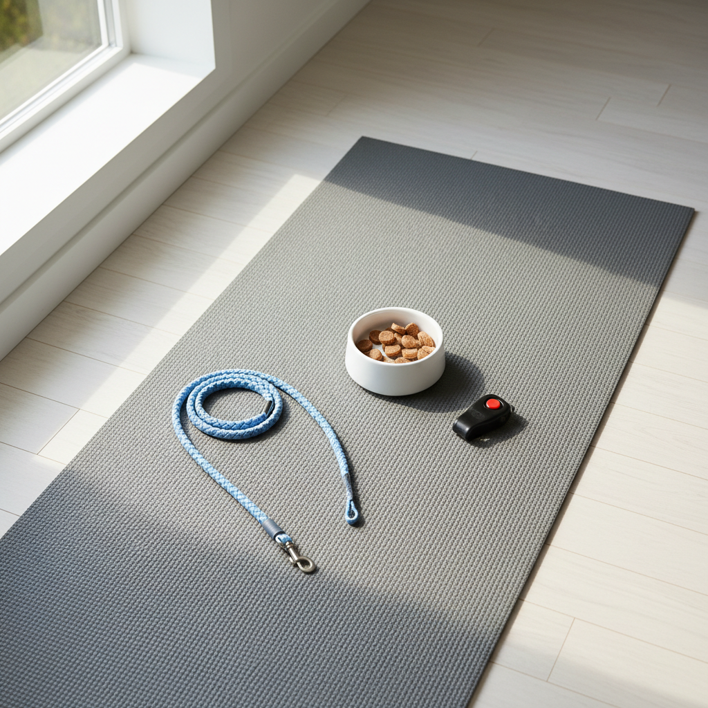 Non-slip mat setup for teaching a dog to lie down with treats