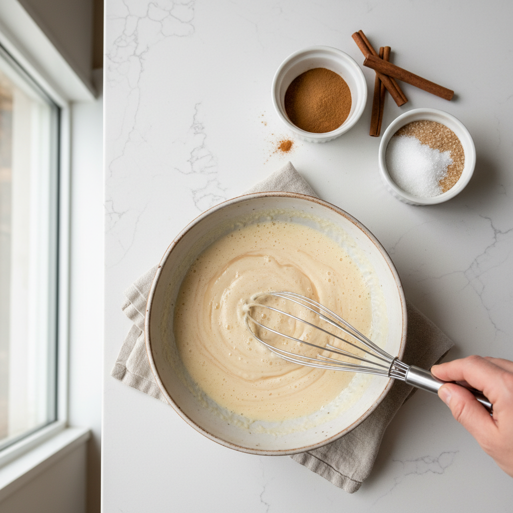 French toast custard mixture with eggs milk vanilla and whisk in a shallow bowl