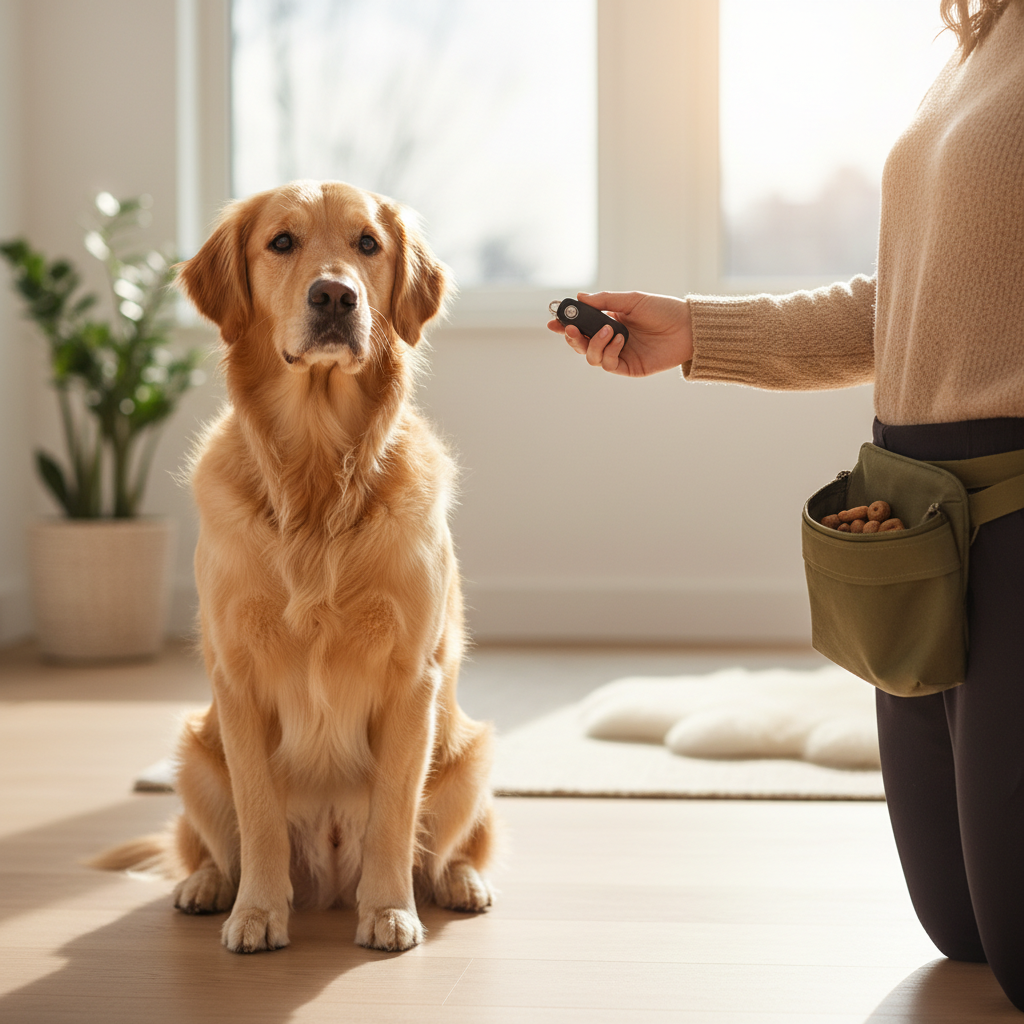 Close-up of a dog sitting while the handler uses a clicker and treat pouch