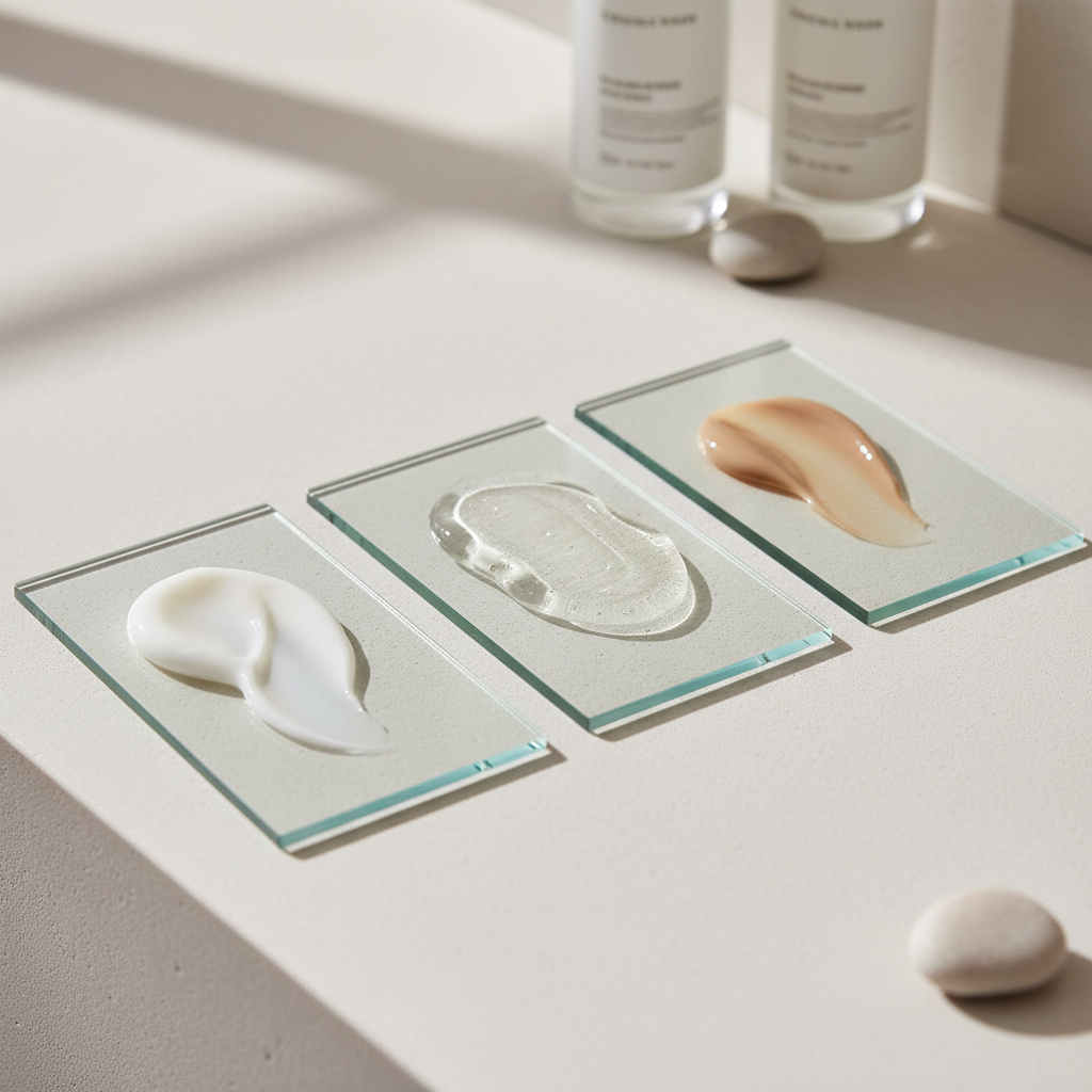 Daily face sunscreen textures on a clean skincare counter