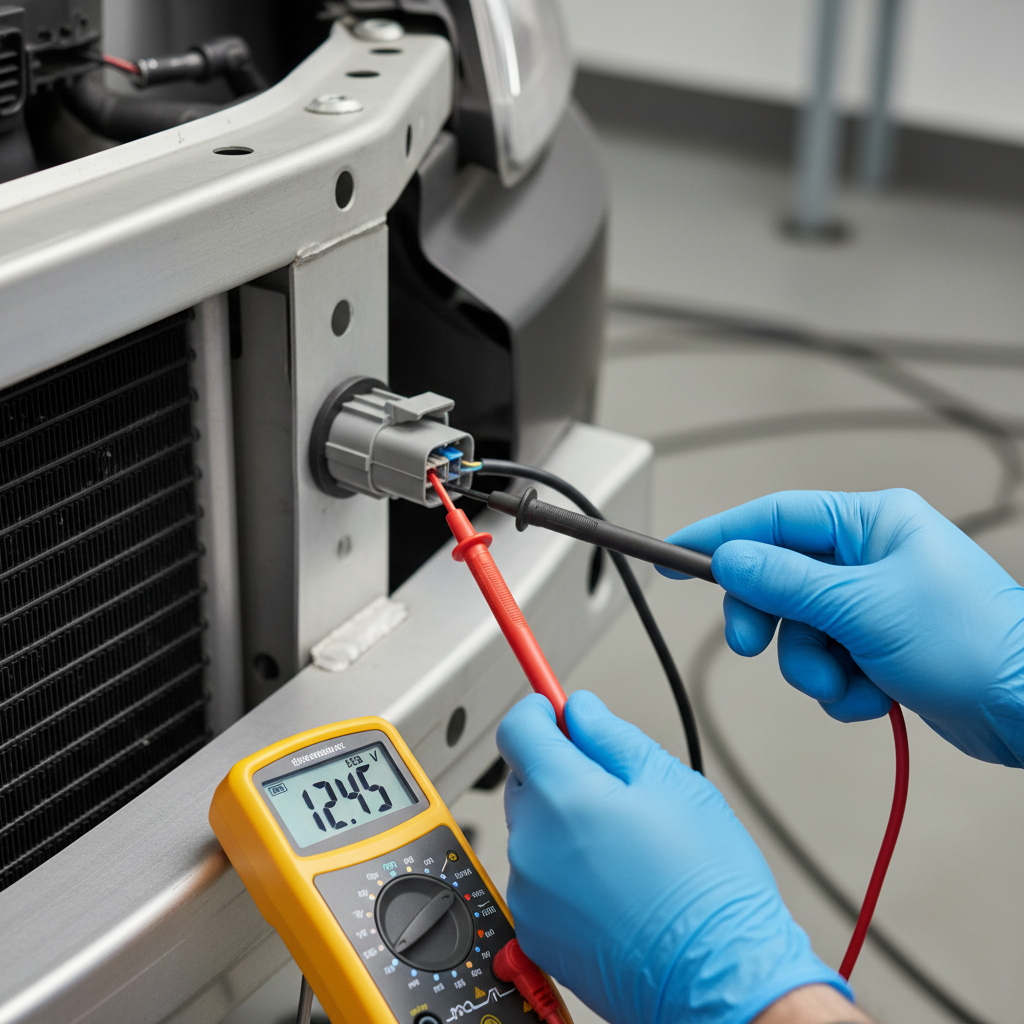 Technician testing car horn circuit with a multimeter at the connector