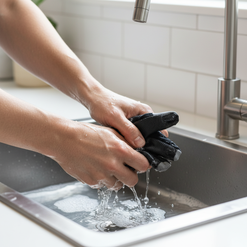 Hand washing cycling gloves in cool water to protect padding and grip