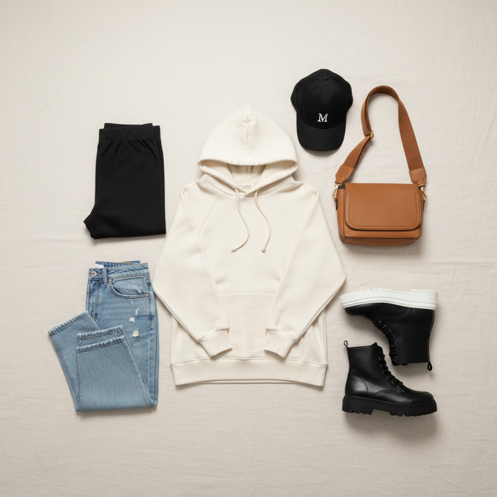 Flat lay of oversized hoodie styling essentials: leggings, straight jeans, sneakers, boots, cap, crossbody bag