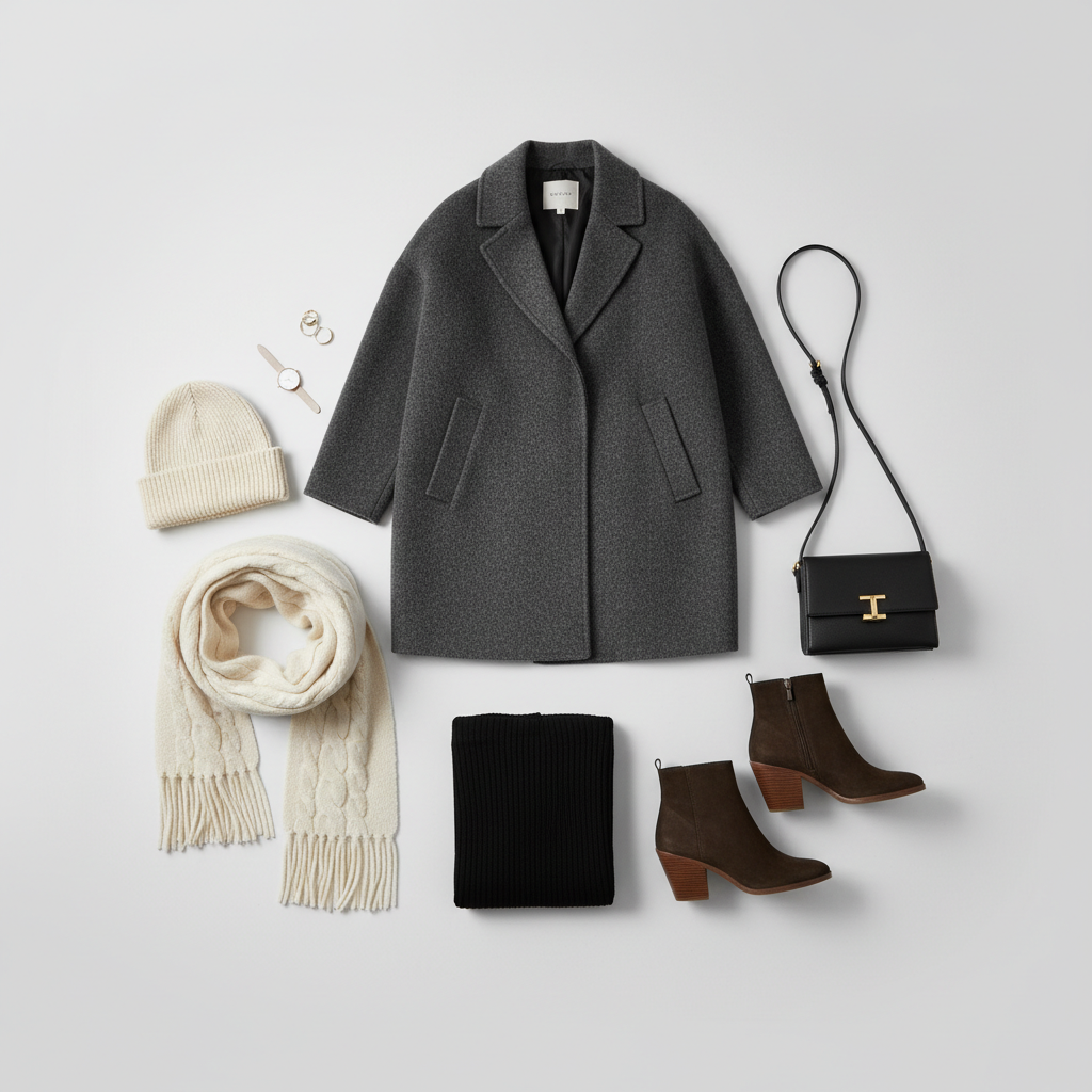 Flat lay of winter leggings outfit essentials: leggings, coat, boots, scarf