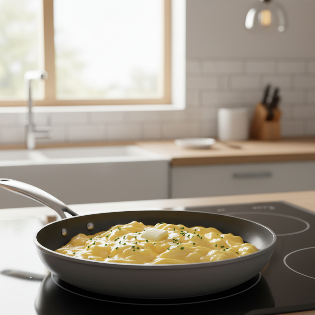 Fluffy scrambled eggs in a nonstick skillet with soft curds
