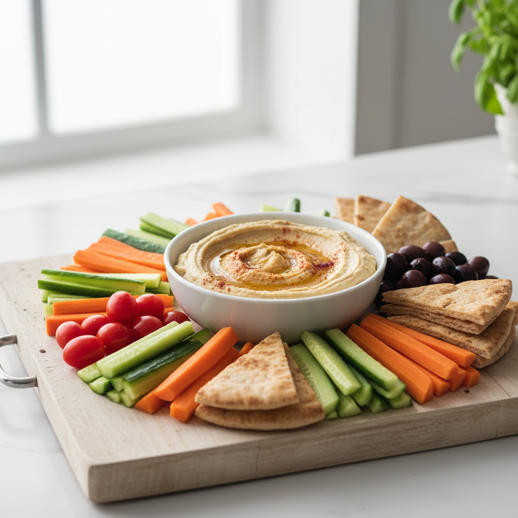 Healthy hummus platter with veggies and whole grains for meal prep