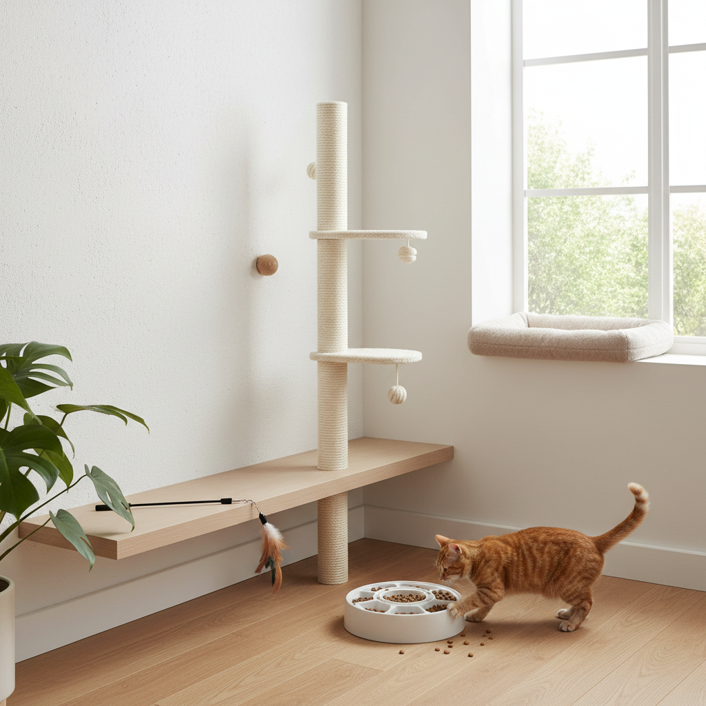 Cat enrichment setup with scratching post, puzzle feeder, and wand toy