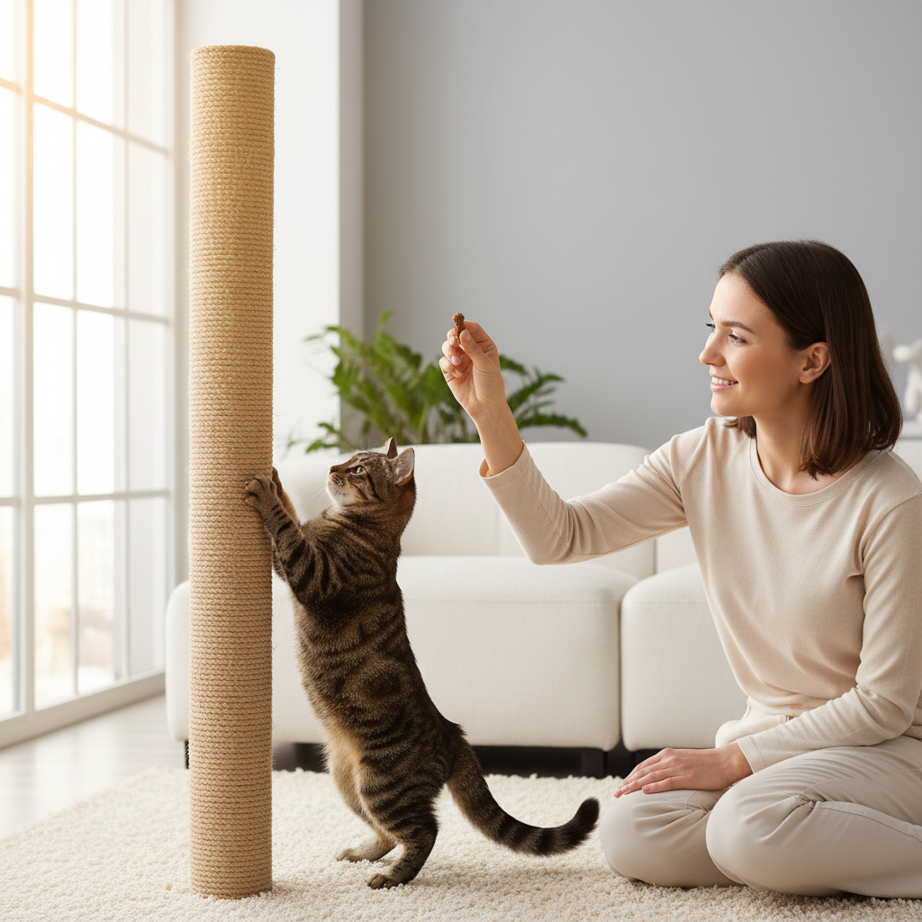 Owner rewarding a cat for using a scratch post with a treat