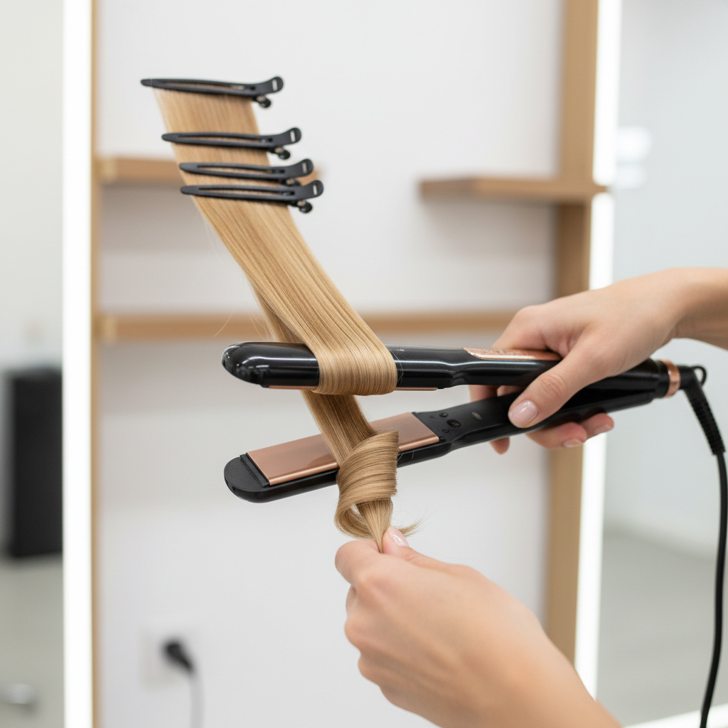 Twist-and-glide flat iron curling technique close-up with sectioned hair