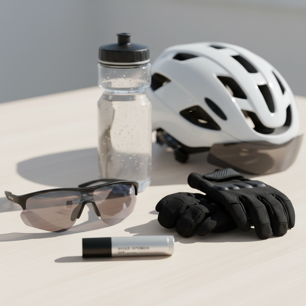 Broad-spectrum SPF lip balm and cycling essentials on a table