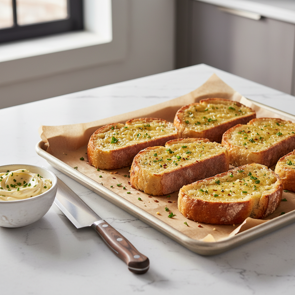 Fresh homemade garlic bread slices on a baking sheet