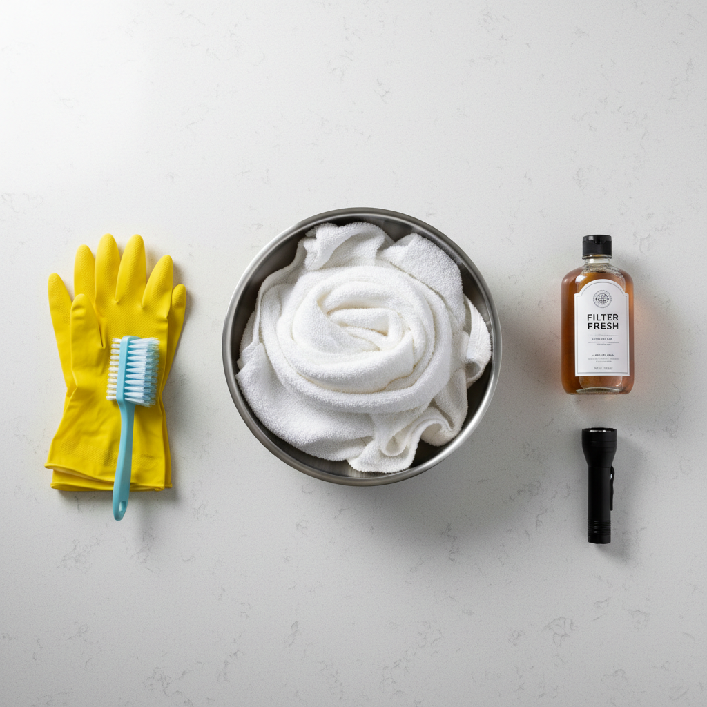 Towels, shallow pan, gloves, and brush laid out to clean washer filter