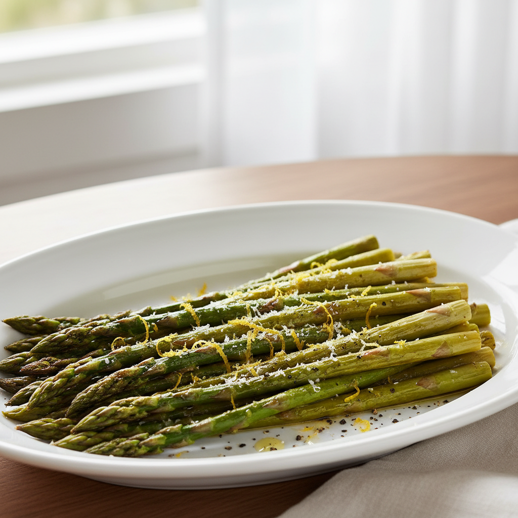 Roasted asparagus with lemon and Parmesan on a serving platter