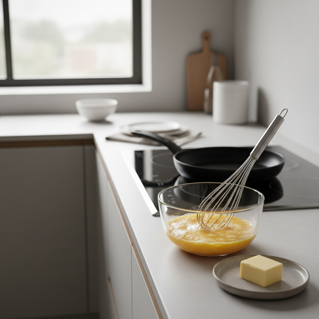 Whisking eggs in a bowl next to butter and a skillet for fluffy scramble