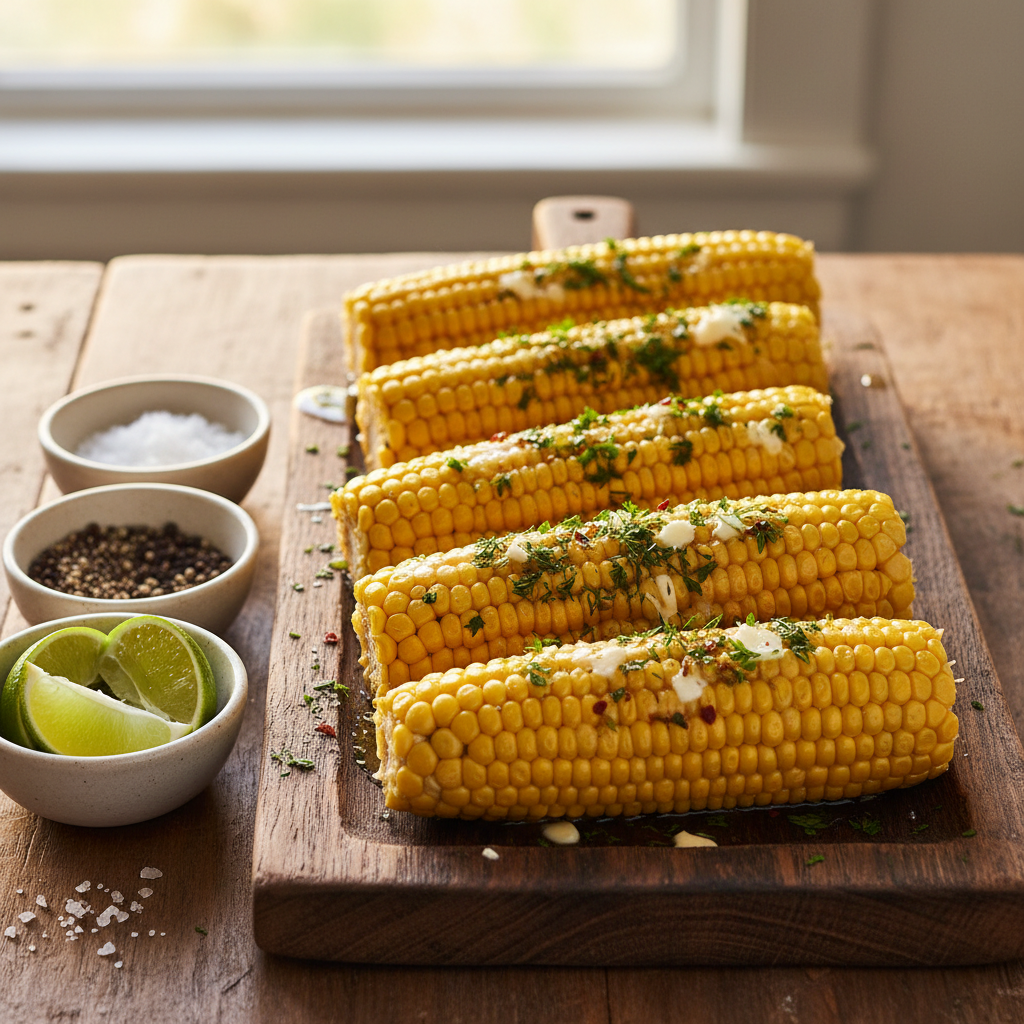 Finished boiled corn on the cob with butter, herbs, and seasoning on serving platter