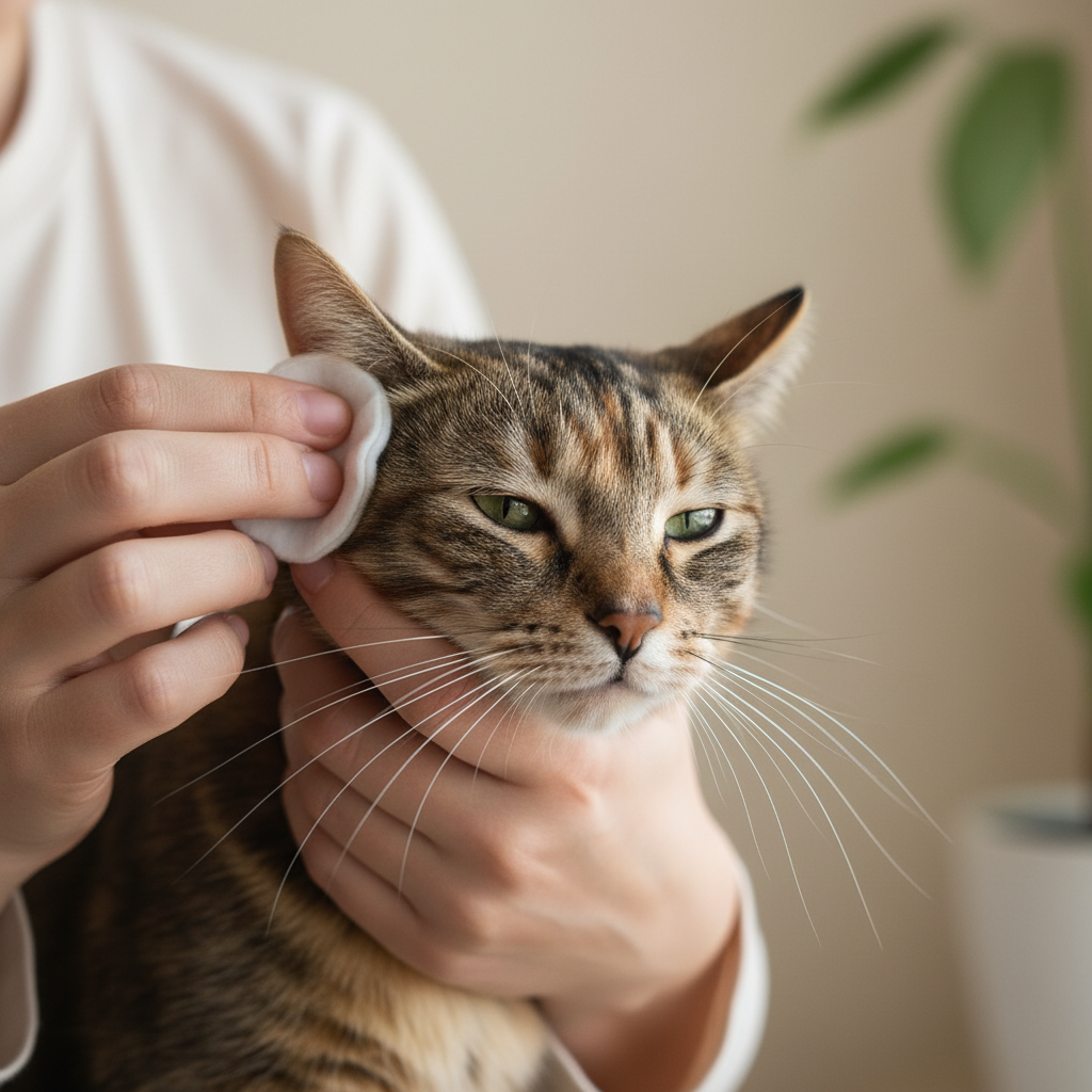 Close-up of cleaning a cat ear with cotton pad, not a cotton swab