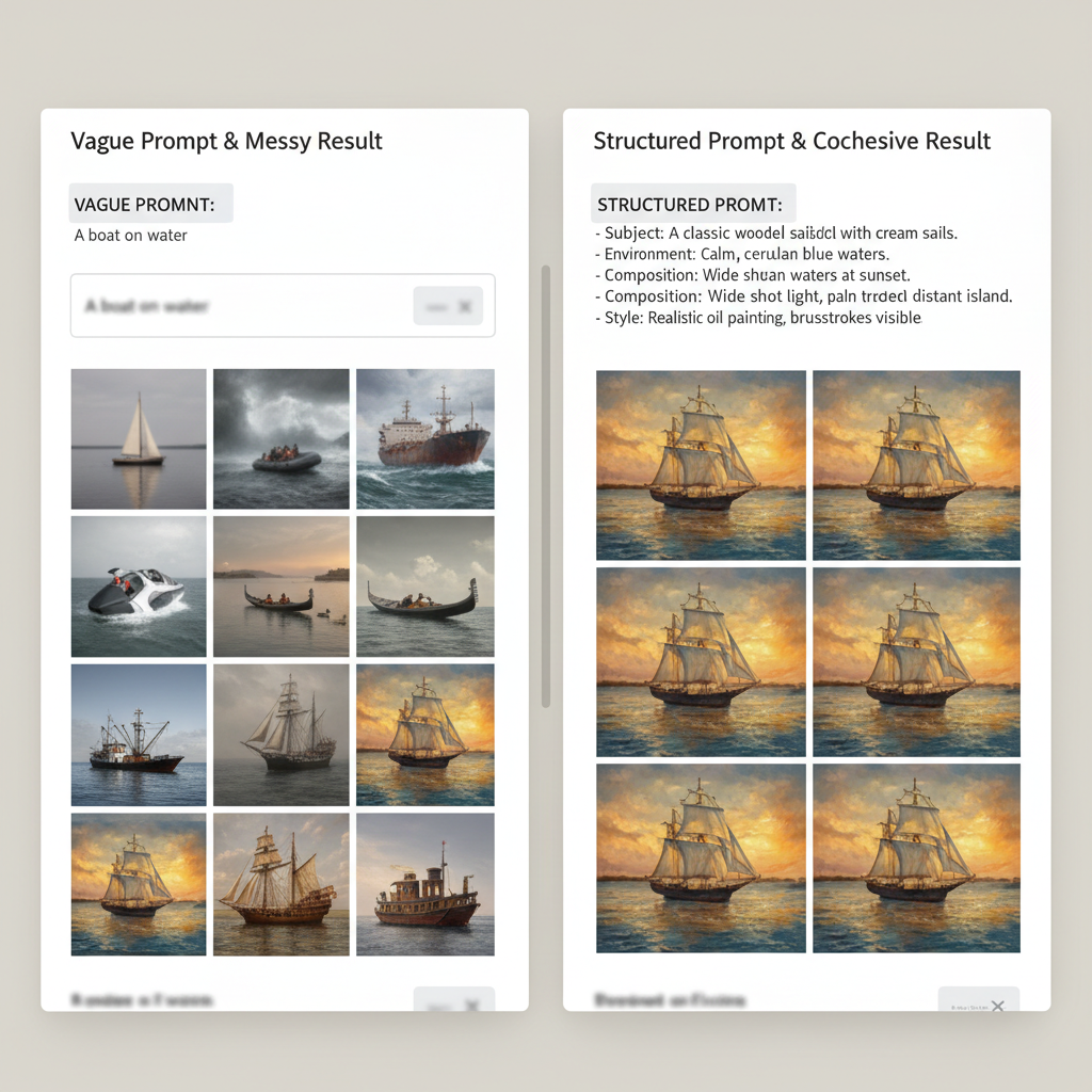 Side-by-side comparison of vague vs specific Midjourney prompts and results