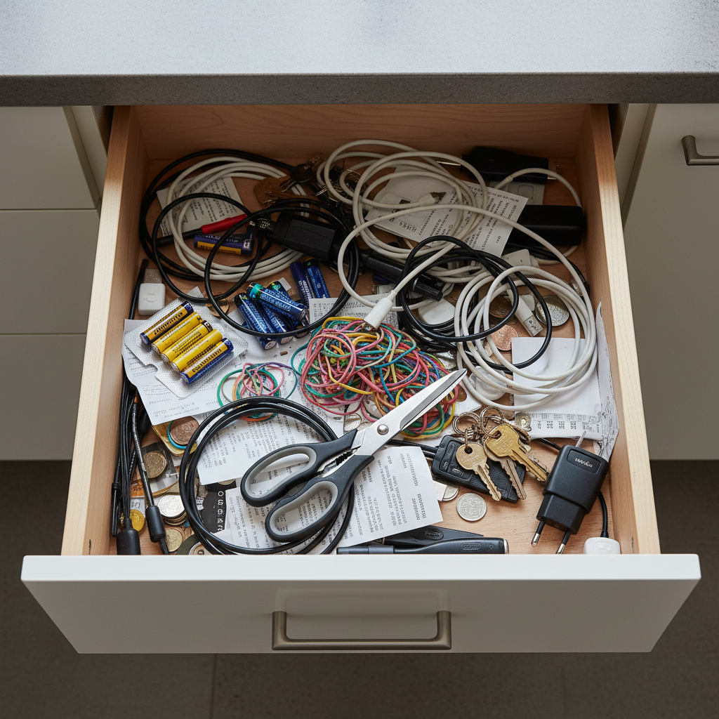 Overstuffed kitchen junk drawer before organizing