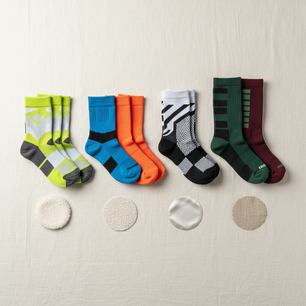 Flat lay of cycling socks showing different cuff heights and breathable materials