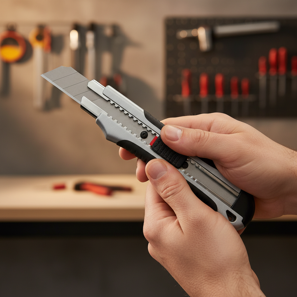Close-up of retractable utility knife with blade fully retracted and hands positioned safely