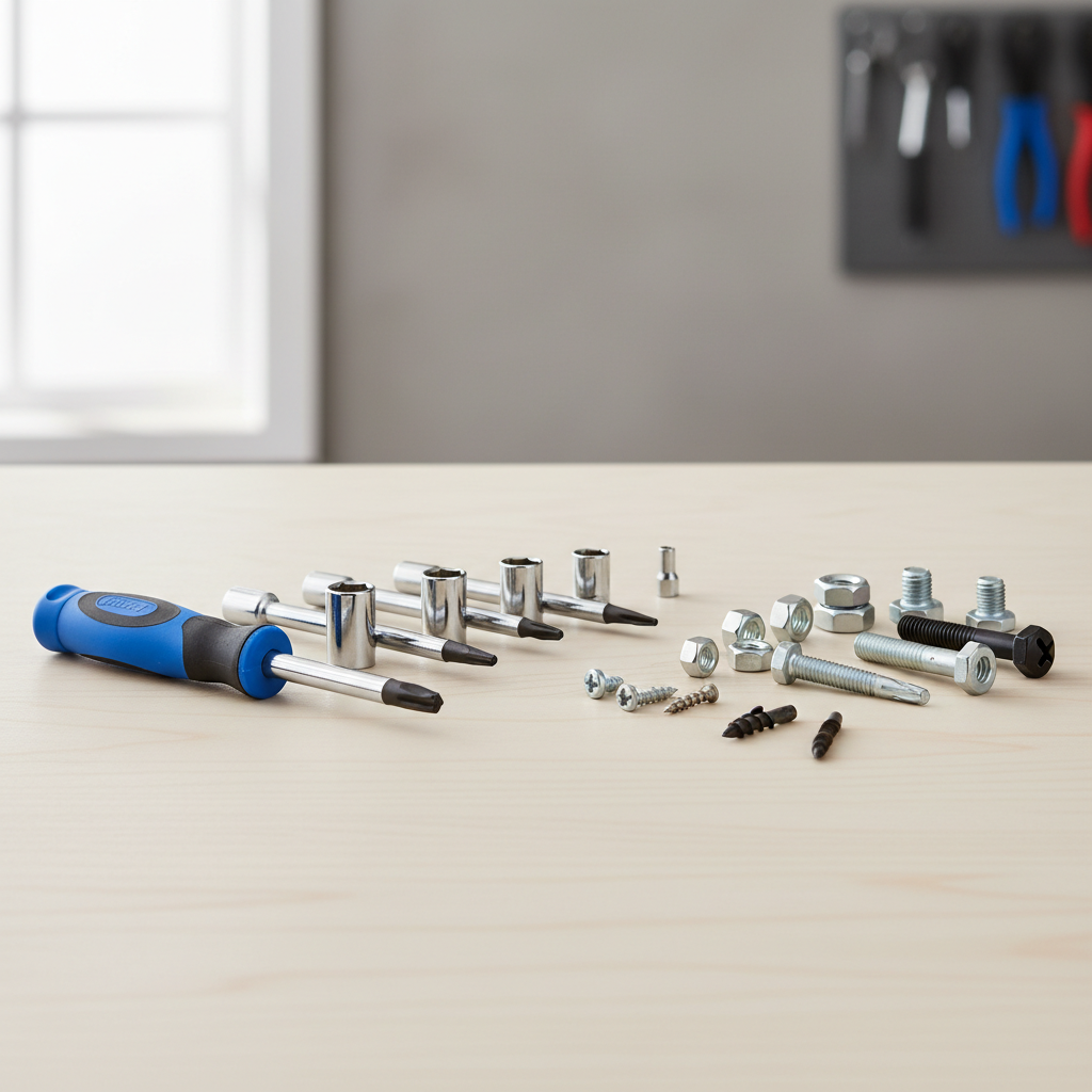 Nut driver and common hex fasteners on a workbench for size matching