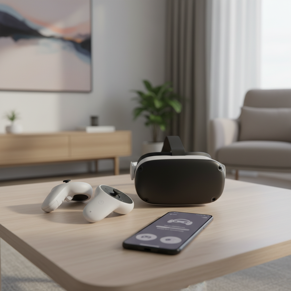 Meta Quest 3 headset setup with phone app pairing on a living room table