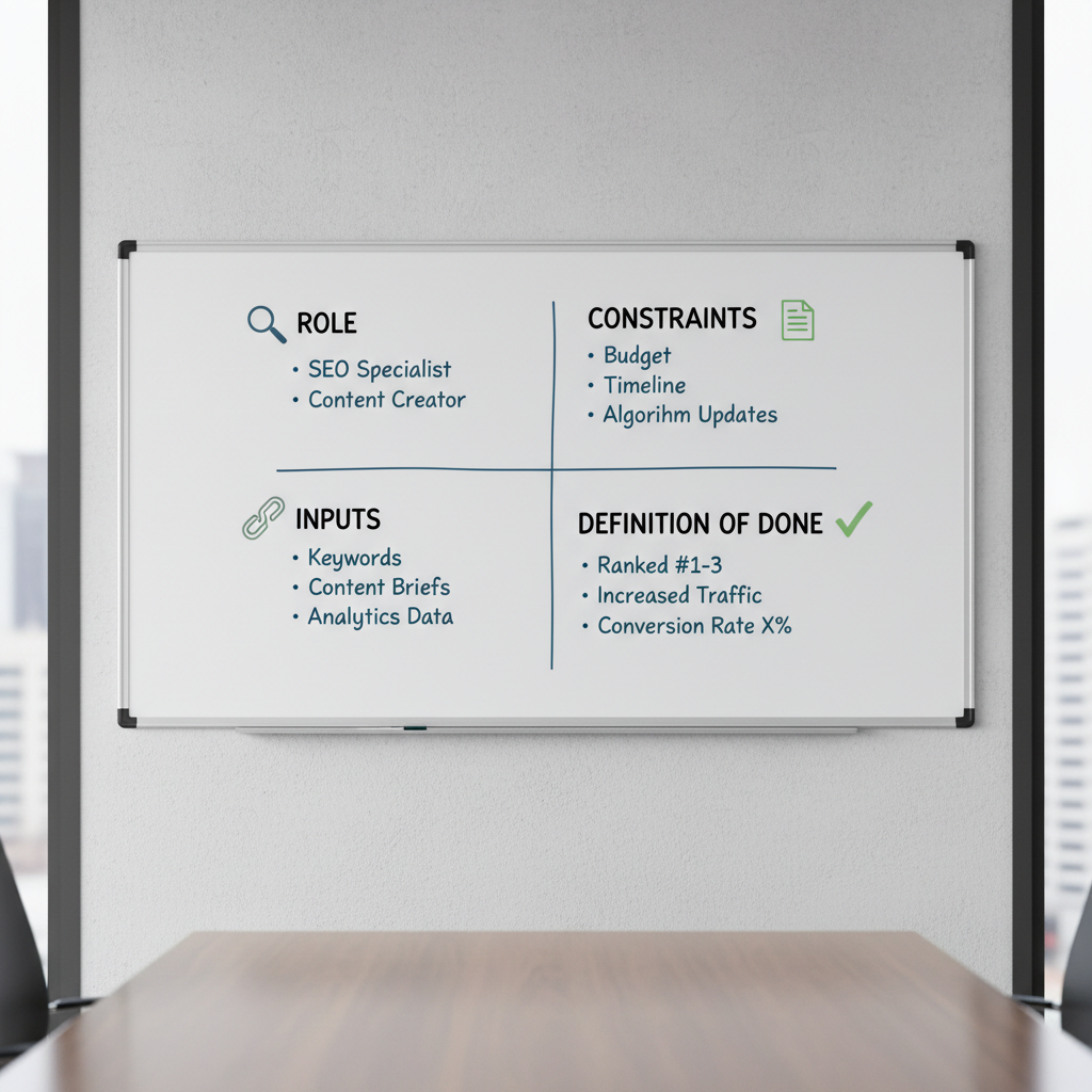 Prompt framework for SEO with role inputs constraints shown on a whiteboard
