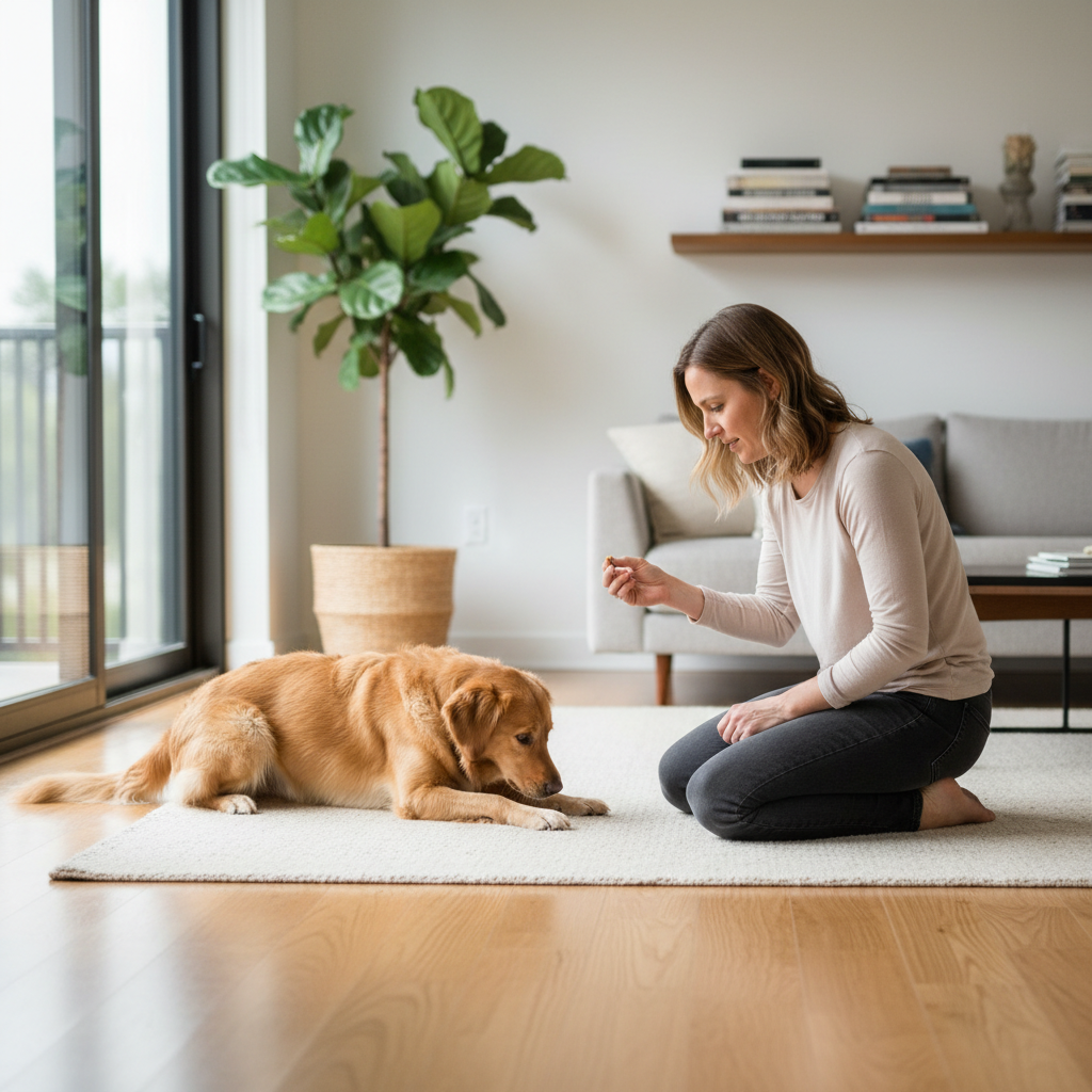 Dog training a reliable lie down cue using treat lure at home
