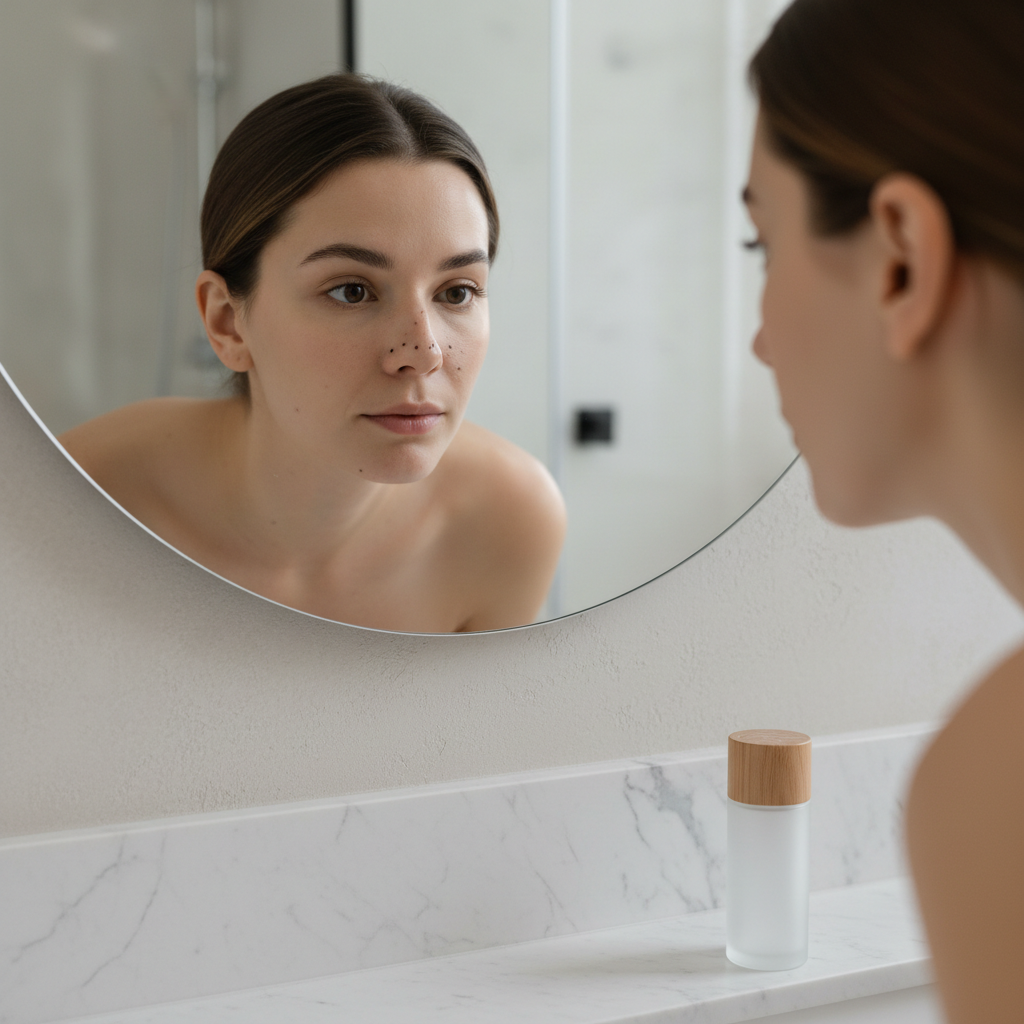 Skincare mirror check for blackheads vs sebaceous filaments on nose