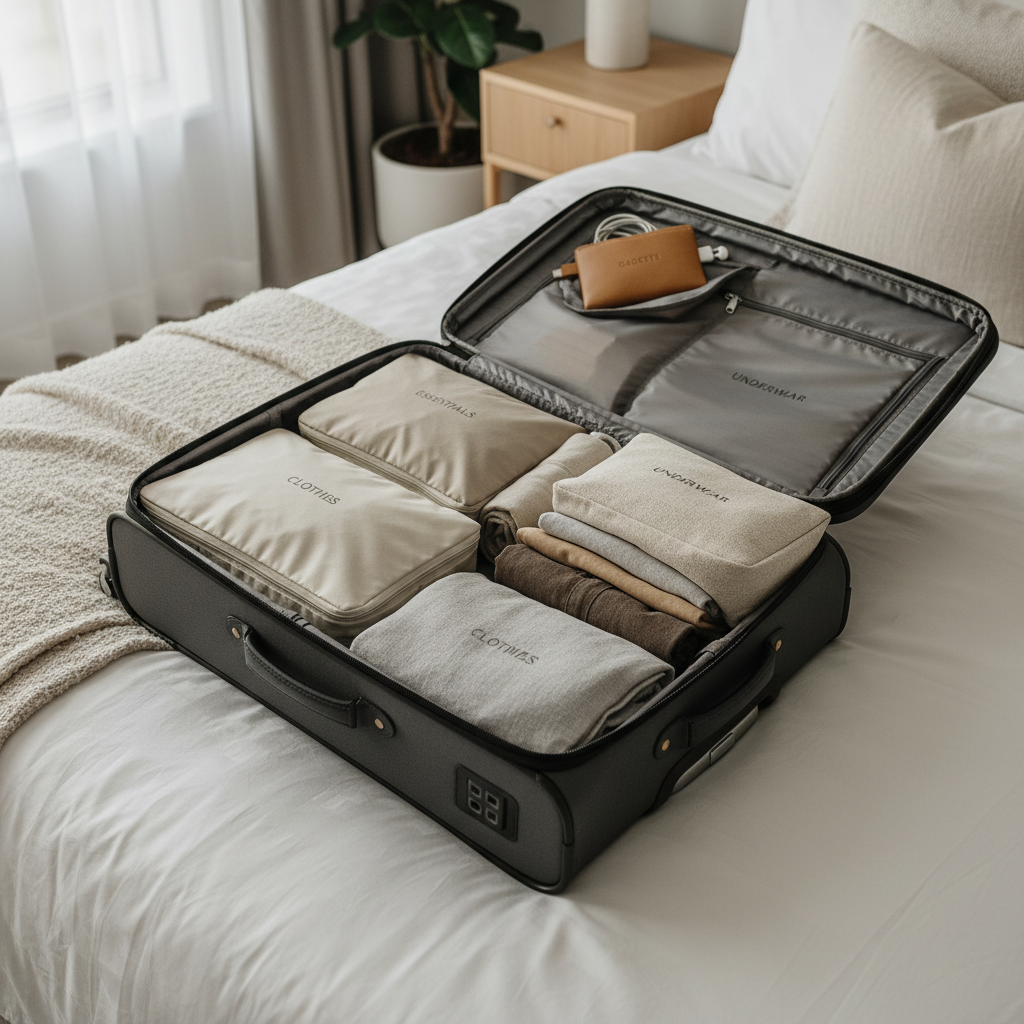 Neatly organized carry-on suitcase with packing cubes and travel essentials