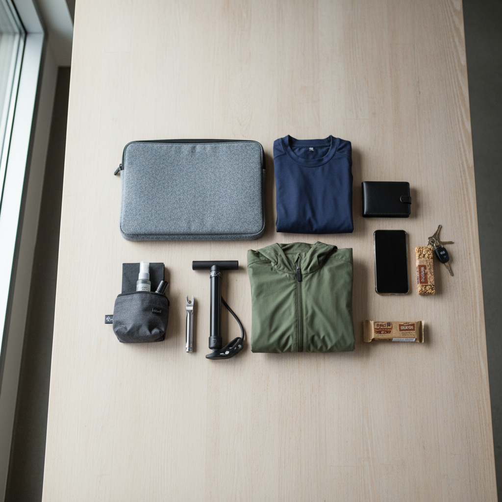 Bike commuting bag laid out with essentials organized on a table