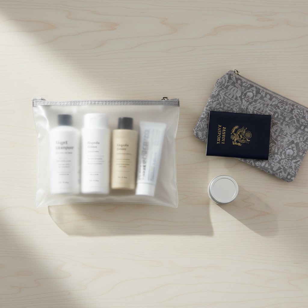 TSA liquids quart bag next to travel-size toiletries and a small toiletry pouch