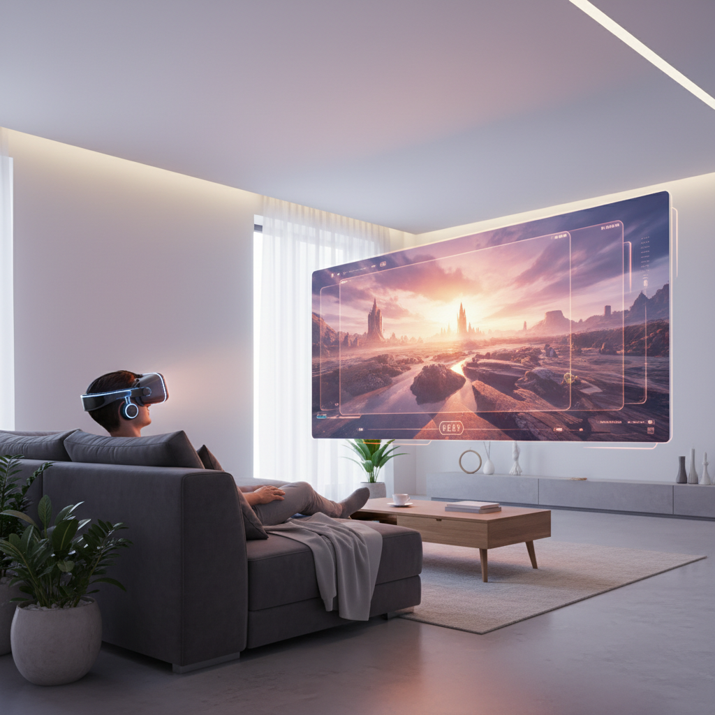 VR headset watching a 3D movie in a virtual theater app