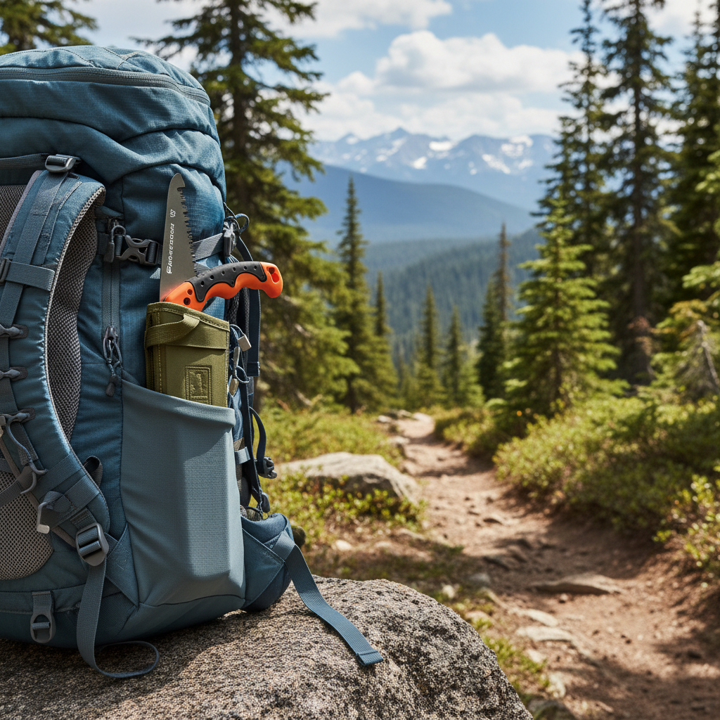 Folding saw stored in a protective sheath inside a backpack side pocket
