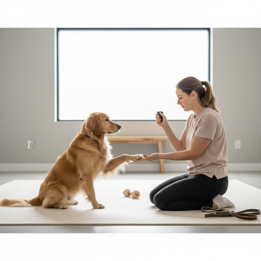Trainer marking and rewarding a dog for a gentle paw touch during shake training