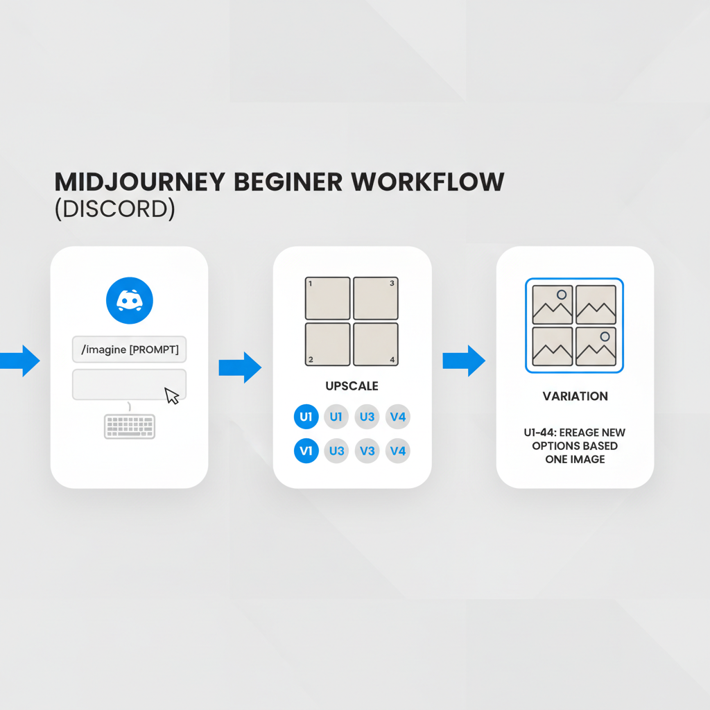 Midjourney beginner workflow steps in Discord from prompt to upscales