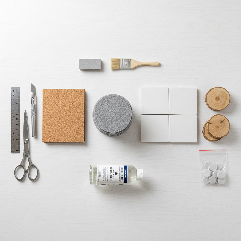 DIY coaster materials laid out: cork, felt, tile, wood slice, sealant and tools