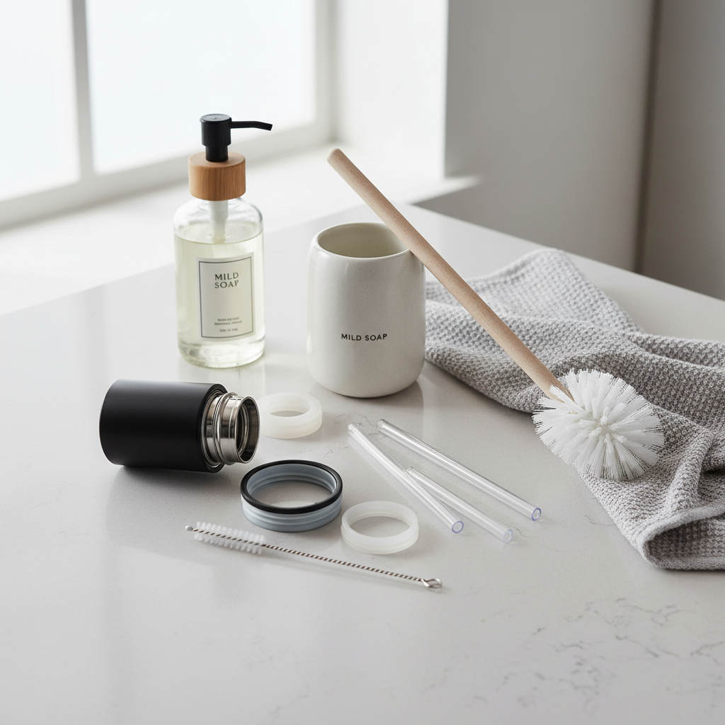 Travel water bottle cleaning setup with brush, dish soap, and removable lid parts