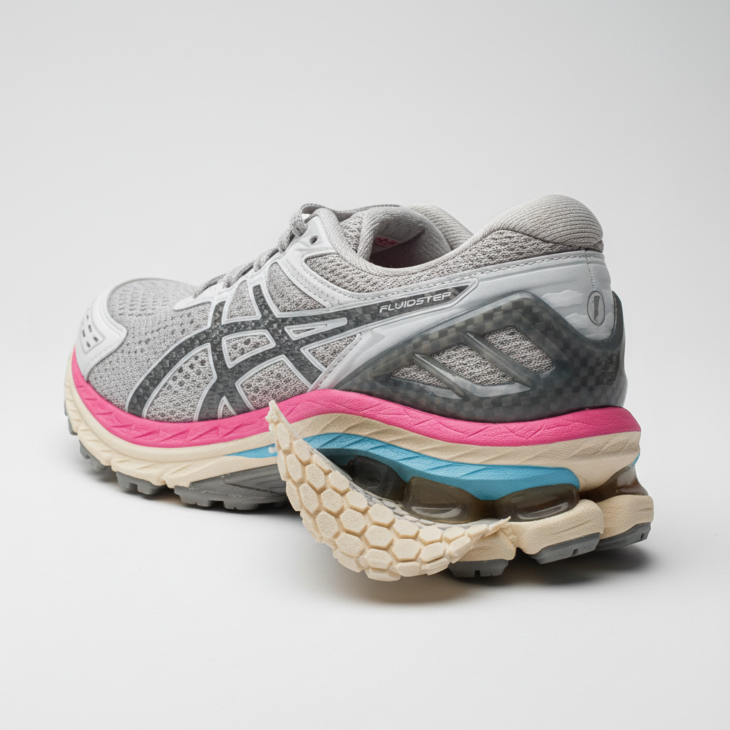 Close-up of sneaker outsole traction and midsole cushioning layers for women
