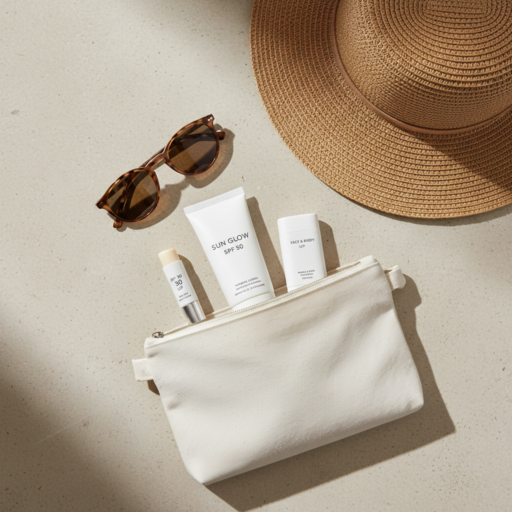 Travel sunscreen kit with TSA-size sunscreen, stick sunscreen, and sunglasses